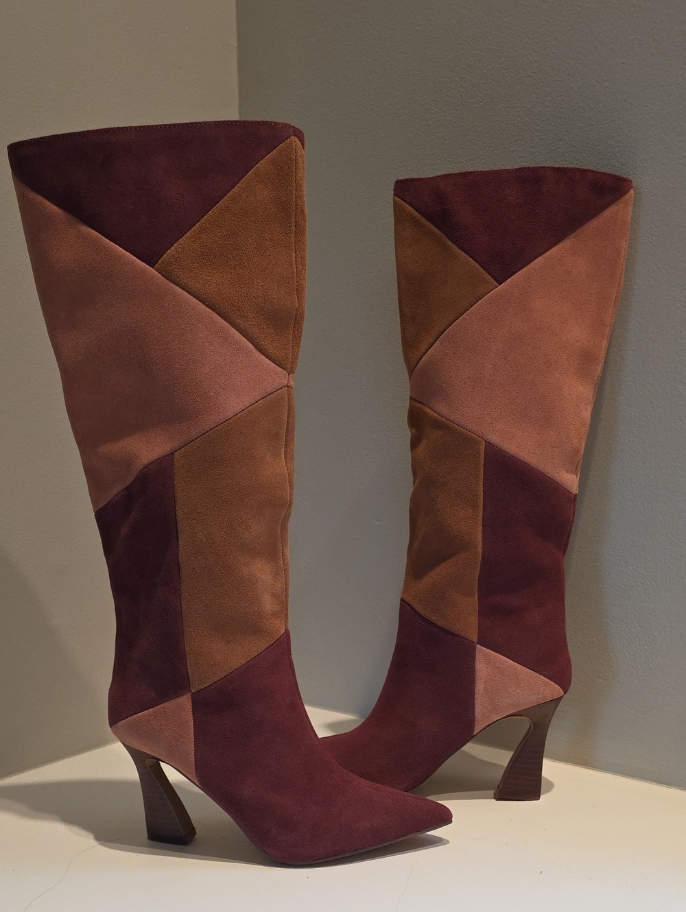 Chinese Laundry Women's Patchwork Suede Knee-High Boots - Burgundy & Tan